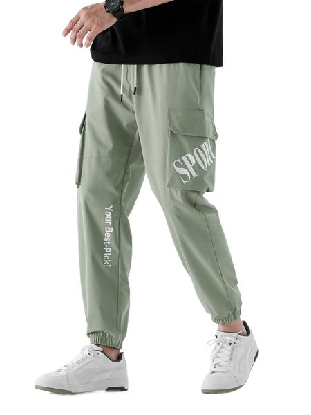 

men letter graphic flap pocket side drawstring waist pants k9ic#, Black