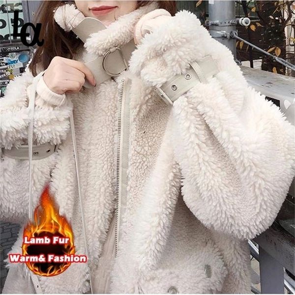 

luck a women autumn winter faux lamb fur sheepskin coat genuine granular sheep shearing jacket female casual warm outerwear 201214, Black