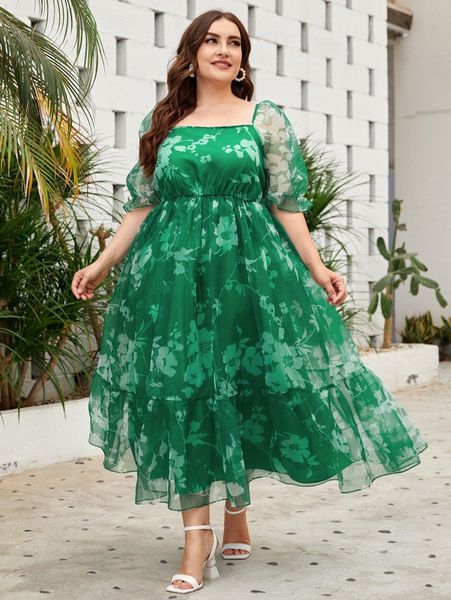 

plus floral print puff sleeve flounce hem dress m2ld#, Black