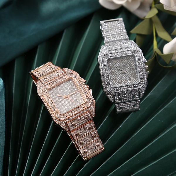 

fashion super shine hip hop iced out men watch square diamond quartz mens wrist watches gold roman calendar steel clock, Slivery;brown