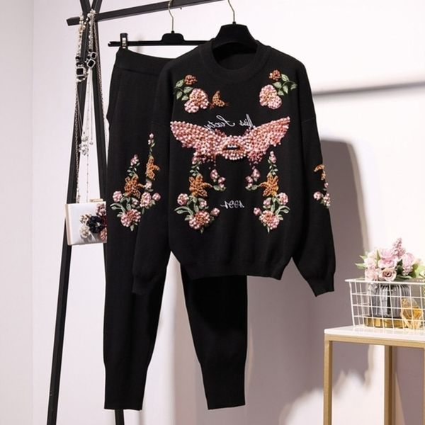 

ewq autumn winter pearl suit beaded women knitted tracksuit embroidery flower sweater two piece set jogger pants mj988 y201128, White