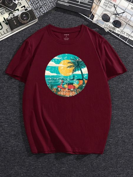 

men sun & palm tree print tee 59nf#, White;black