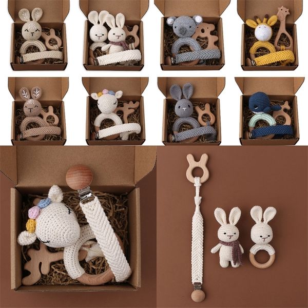 1 Set Crochet Bunny Baby Massaggiagengive Sonaglio Sicuro Faggio Anello in legno Ciuccio Clip Catena Set nato Mobile Gym Giocattolo educativo 220428