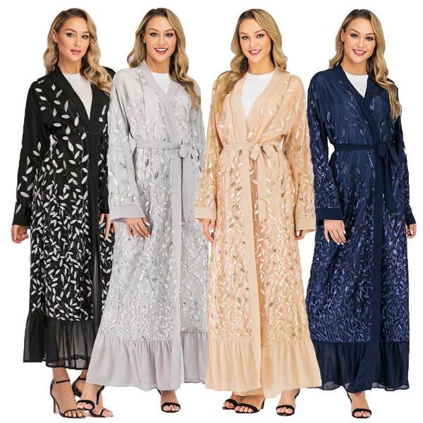 Roupas étnicas dubai renda abaya aberto kaftan bordado longa cardigan vestido muçulmano mulheres jilbab vestido de túnio de design de tiro de taco de design de retalhos de retalhos