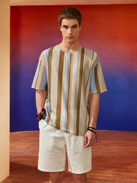 

men drop shoulder striped print tee t3ss#, White;black