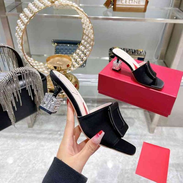 

shoes high heels women summer stretch fabric slippers square buckle jelly slides open-toes crystal catwalk designer x6rm, Black