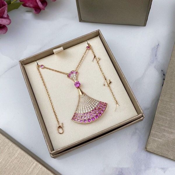 

Golden Box Designer Pendant Necklaces Gradient Diamond Skirt 925 Sterling Silver Plated 18 K Rose Gold Gradient Pink Fan Women Jewelry