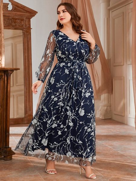 

plus floral print mesh panel belted maxi dress o0bv#, Black
