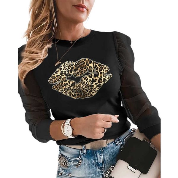 Frauen Mode Casual Langarm Tops Leopad Lip Bluse Feamle SweetStyle Puff Sleeve Tops 210716