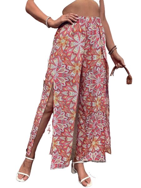 

allover floral print wrap wide leg pants 53qd#, Black;white
