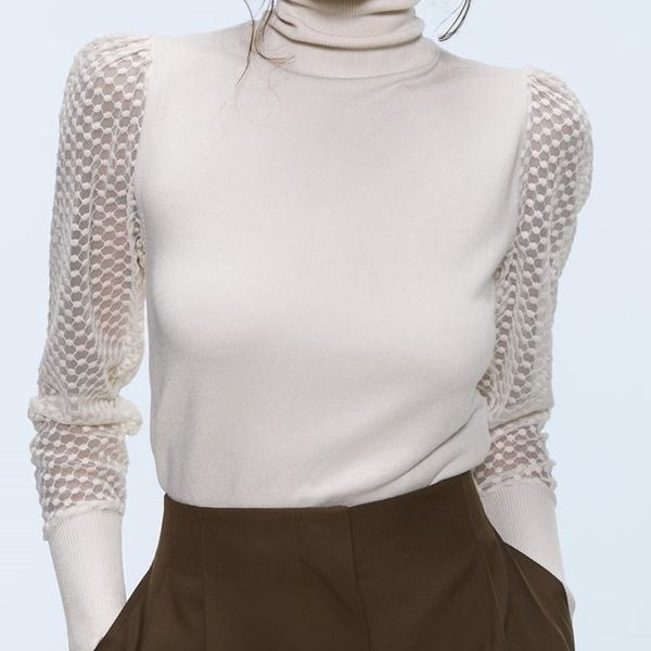 

high neck long sleeve lace insert blouse women autumn brief casual blouse y200422, White