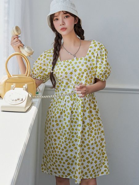 

dazy allover floral print puff sleeve smock dress x1rh#, Black;gray