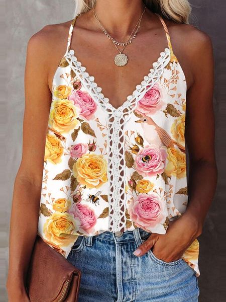 

fashion printed suspender t-shirt womens lace stitching sleeveless vest casual tank women blouse, White