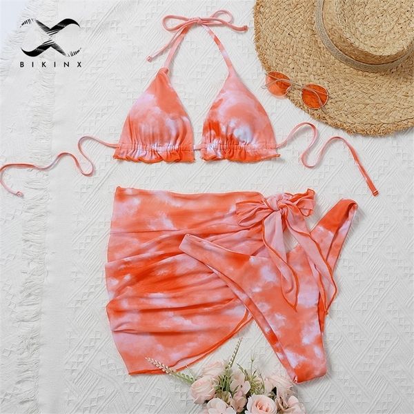 

triangle tie dye bikini set 3 piece womens swimsuit with skirt high cut bikini halter swimwear ruffle bathing suit 220527, White;black