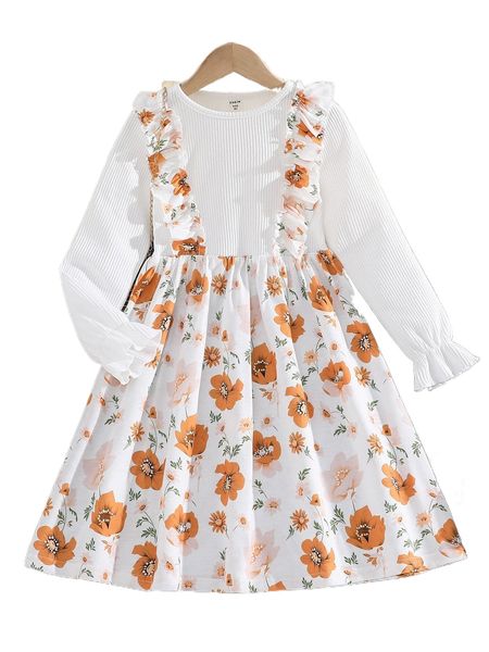 

girls floral print ruffle trim flounce sleeve dress 77fl#, Black;white