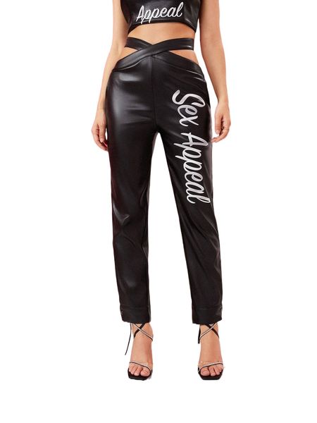 

x stefanoni studio letter graphic crisscross waist pu leather pants 11sl#, Black;white