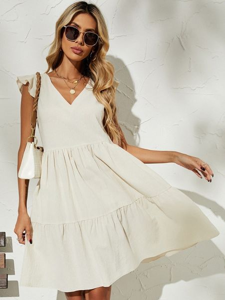 

butterfly sleeve solid smock dress f95d#, Black;gray