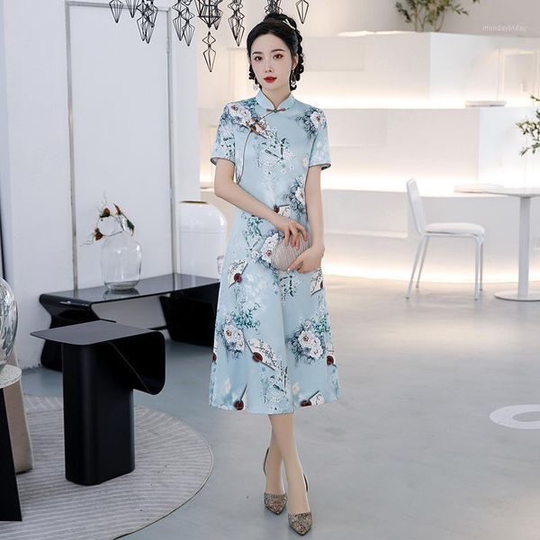 Vintage Damen Kurzarm Sommer Blume bedruckt Satin handgemachte Knopf Cheongsam traditionelle A-Linie Seide Qipao Kleid ethnische Kleidung