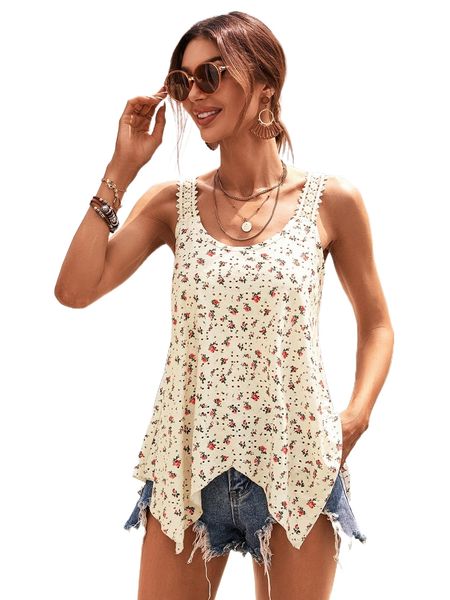 

ditsy floral guipure lace detail asymmetrical hem tank i3pp#, White