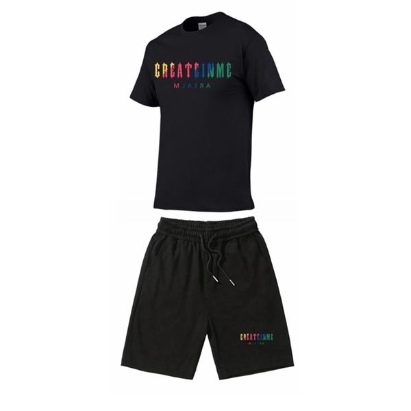 

men's fashion short sleeve t-shirt tracksuit sets harajuku tee funny hip hop color t shirtbeach casual shorts set 220706, Gray