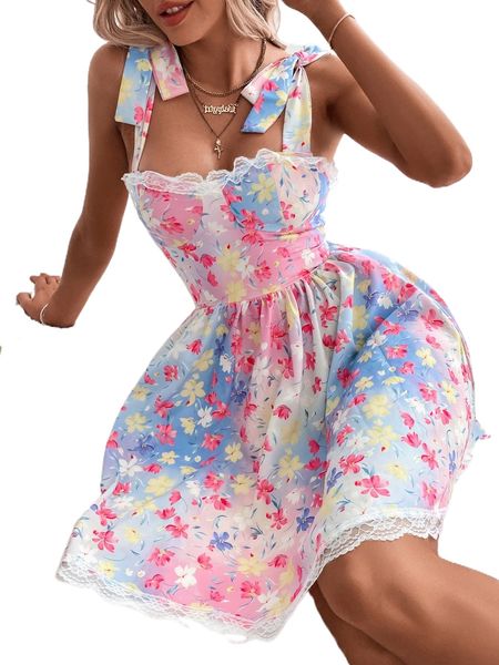 

all over floral print knot shoulder cami dress k5x5#, Black;gray
