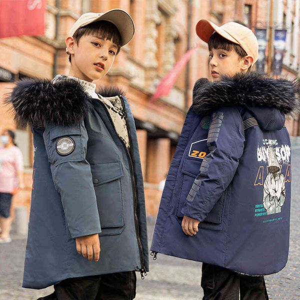 -30-классная детская зимняя куртка, новая толстая теплая детская модная пуховая куртка для мальчиков с натуральным меховым воротником, зимний комбинезон для маленьких мальчиков, одежда J220718