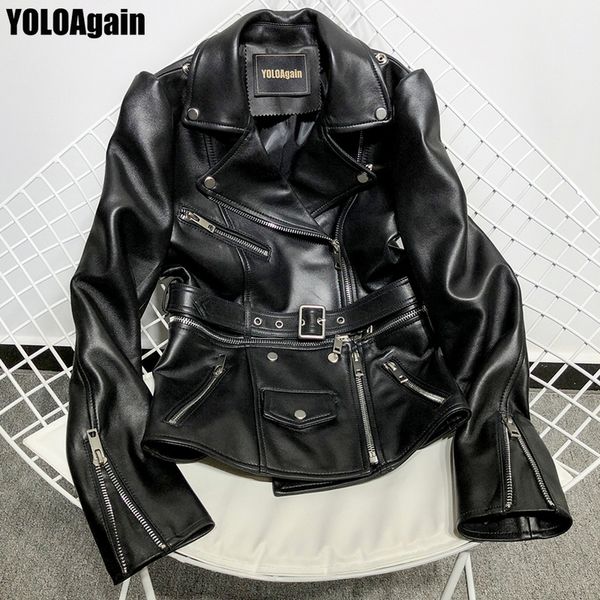 

yoloagain thick soft women genuine leather jacket ladies zipper real sheepskin leather jacket with belts 201030, Black