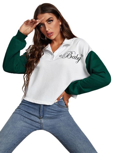 

heart & letter embroidered colorblock sleeve sweatshirt i103#, Black