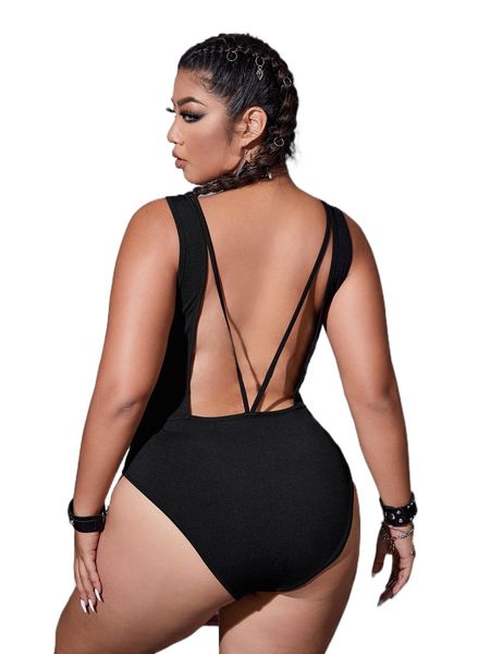 

plus solid backless bodysuit h6ny#, Black