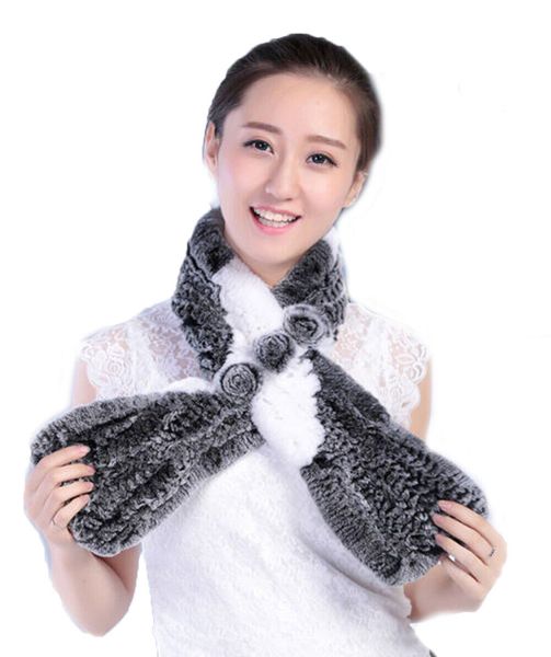 

fur scarf women real rex rabbit fur neckerchief three flowers warm soft colors 2, Blue;gray
