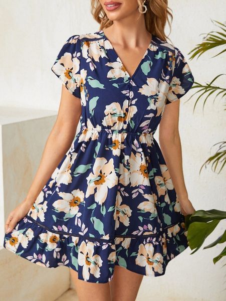 

petal sleeve eyelet lace insert ruffle hem floral dress 15nc#, Black;gray