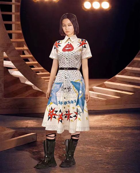 

european fashion brand digital positioning printing waist dress, Black;gray