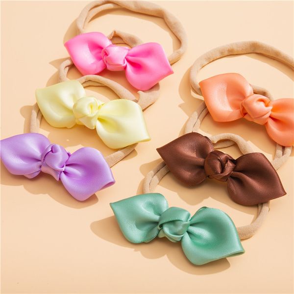 

15958 infant baby satin bowknot headband kids nylon elastic hairband children bandanas head band hair accessory, Slivery;white