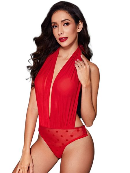 

halter neck backless mesh teddy bodysuit 94kq#, Black;red