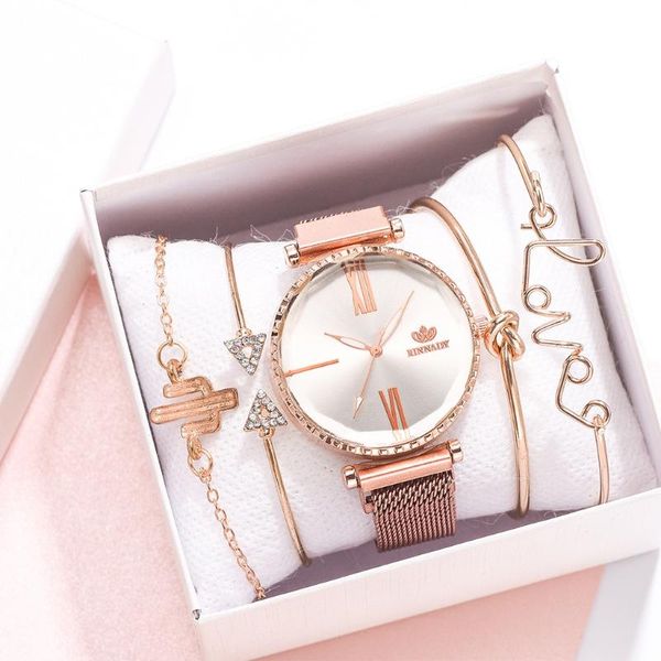 Relógios de pulso 5 pcs set top style moda mulheres assistir luxo rose ouro malha vestido de quartzo relógio relógio de pulso relogio mujer