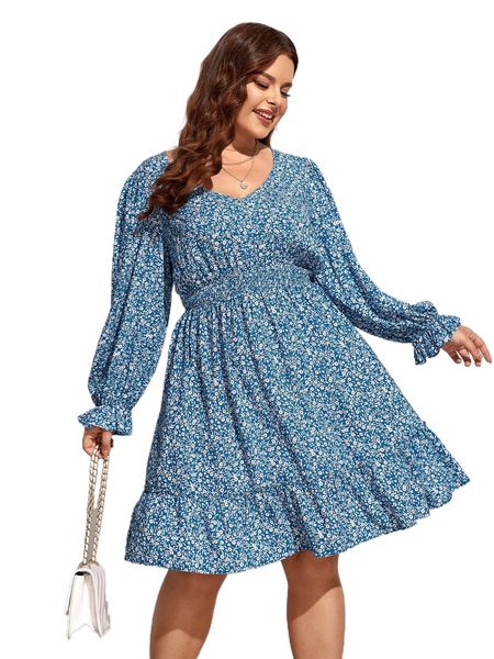 

plus ditsy floral print flounce sleeve shirred waist dress w9k5#, Black