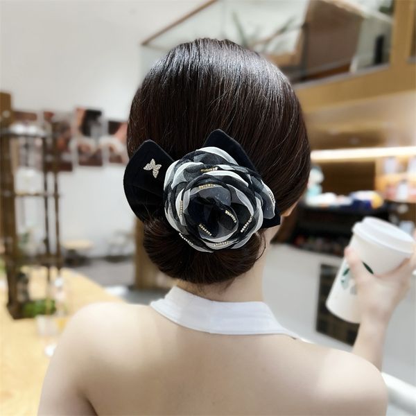 

s3076 hair jewelry bowknot headdress hairpin women hairclip high sense silk yarn camellia ball head lazy magic twist clip hairdo artifact, Golden;white