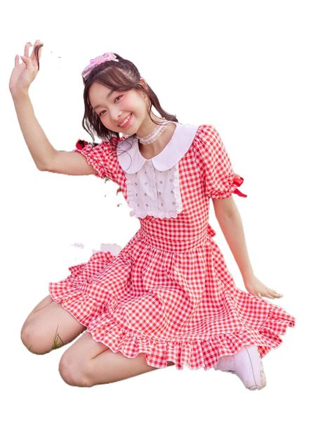 

kawaii gingham grommet eyelet ruffle hem dress u7mz#, Black;gray