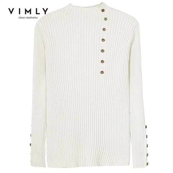 

vimly spring autumn women knitted pullovers fashion solid stand collar buttons slim ol elegant female sweater 99157 201203, White;black