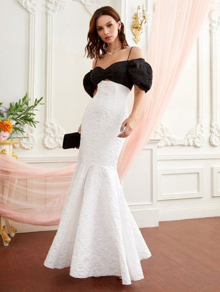 

cold shoulder puff sleeve mermaid hem dress l8k5#, Black;gray