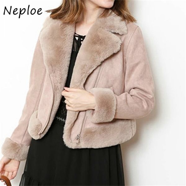 Neploe Autunno Inverno Dolce Cappotto Vintage Stile giapponese Doppie Tasche Donna Giacca Caldo Collo di Pelliccia Zip Femme Top 201214