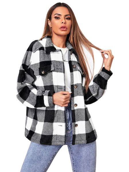 

collared buttoned front flap detail buffalo plaid coat q7ma#, Black