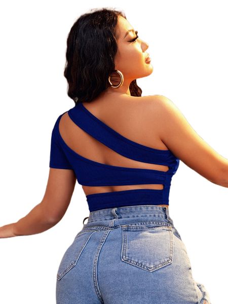 

sxy solid one shoulder cut out rib knit crop s0lx#, White