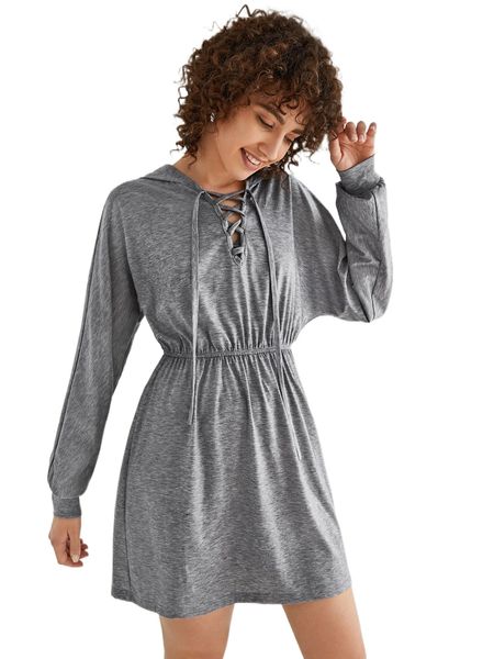

lace up knot batwing sleeve hooded dress n6io#, Black;gray