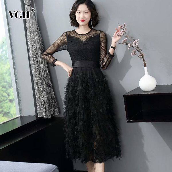 

black patchwork mesh dress for women o neck long sleeve high waist vintage dresses female fashion clothing spring 210507, Black;gray