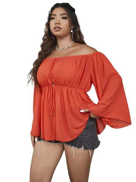 

plus off shoulder knot front split hem peplum blouse t5zc#, Black