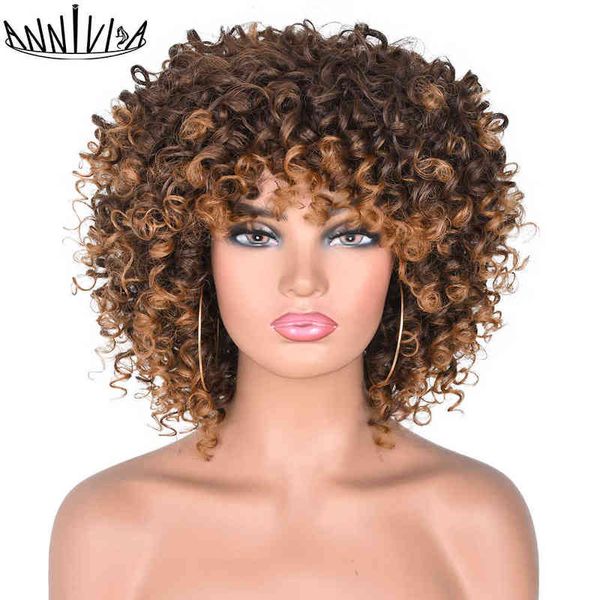 Cabelo curto Afro perucas cacheadas com franja para mulheres negras loiras mistas de cosplay sintético misto resistente ao calor 220707