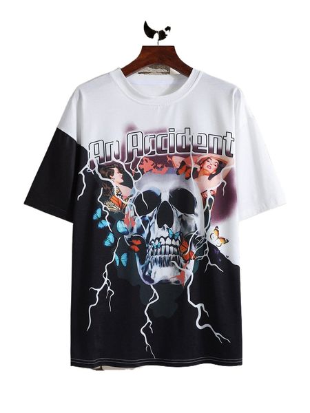

men letter & skull print drop shoulder tee 848k#, White;black