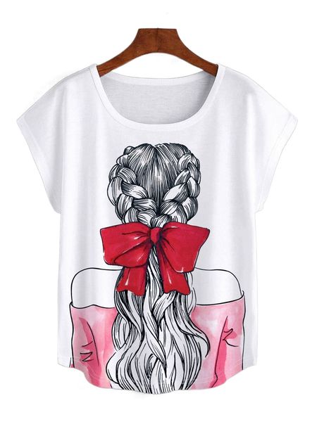 

figure graphic batwing sleeve curved hem tee m74o#, White