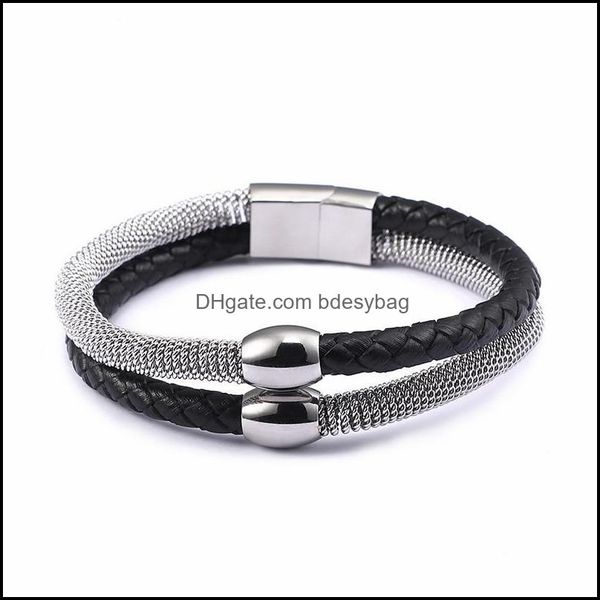 

tennis bracelets jewelry 21.5cm vintage braided leather for men stainless steel sier mesh chain wrap homme unique j dhkmn, Golden;silver